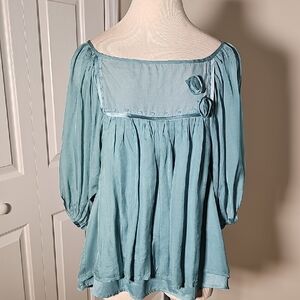 Flamenco 100% Silk Blouse Overlay. Elegant Blue Women's Top Balloon Sleeves. Med